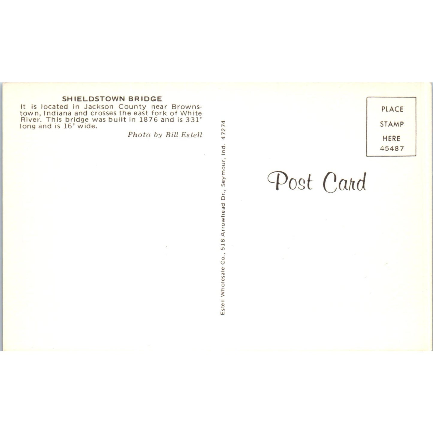 Shieldstown Bridge Jackson County Brownstown Indiana Covered Bridge Postcard PC7