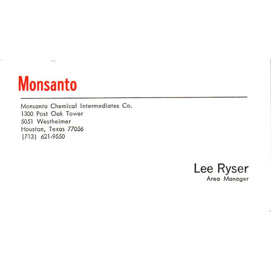 Lee Ryser Monsanto Chemical Corp Houston Vintage Business Card SE3-B10