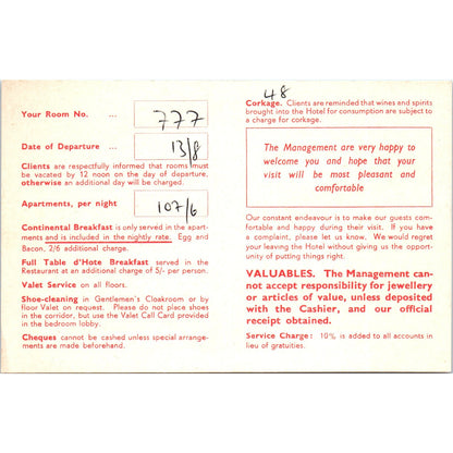 1960s The Mount Royal Hotel Marble Arch London Guest Reservation Card AF7-E10