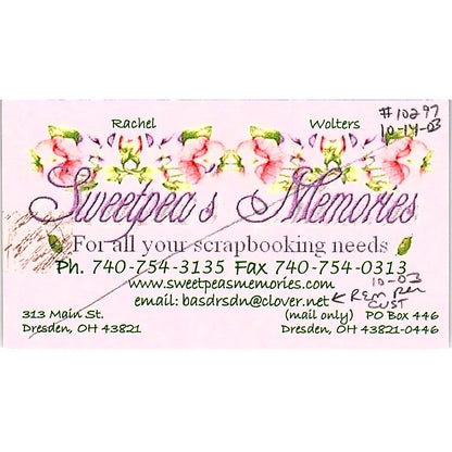 Sweetpea's Memories Rachel Wolters Dresden OH Vintage Business Card SC9-B9