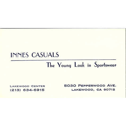 Innes Casuals Sportswear Lakewood CA Vintage Business Card SE5-B5