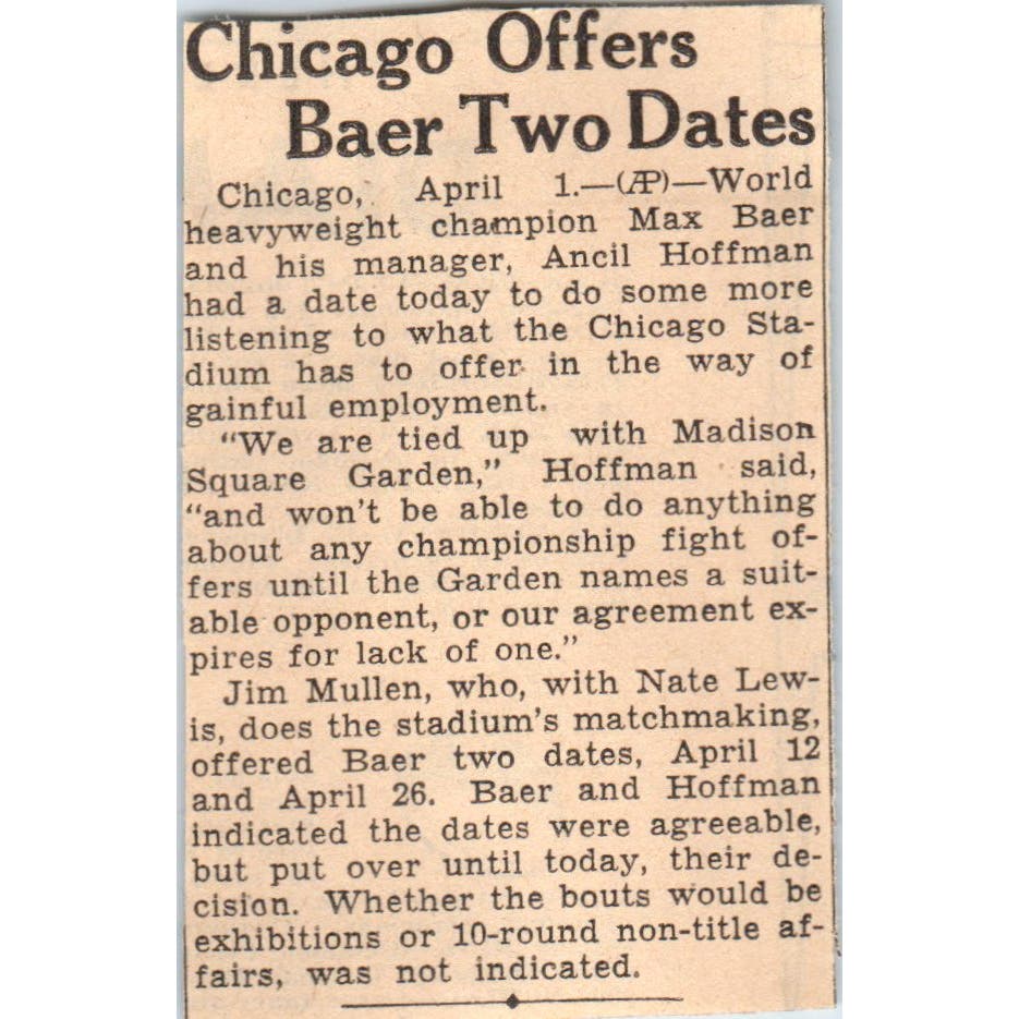 Boxer Max Baer Chicago Stadium 1935 Minneapolis Journal Article AE7-N6