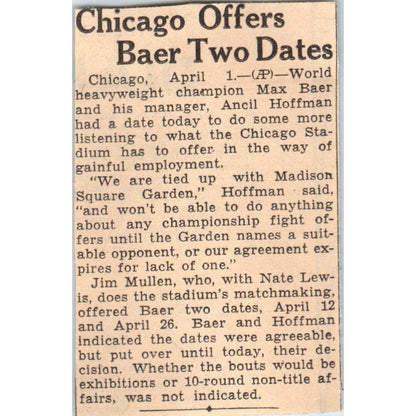Boxer Max Baer Chicago Stadium 1935 Minneapolis Journal Article AE7-N6
