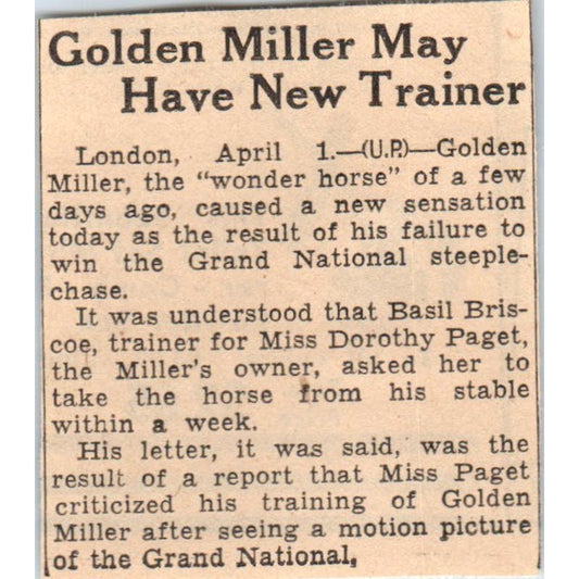 Golden Miller May Have New Trainer 1935 Minneapolis Journal Article AE7-N6