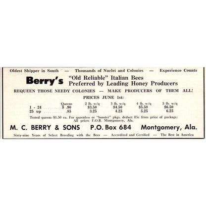 M.C. Berry & Sons Italian Bees Montgomery AL 1964 Magazine Ad AB6-LB