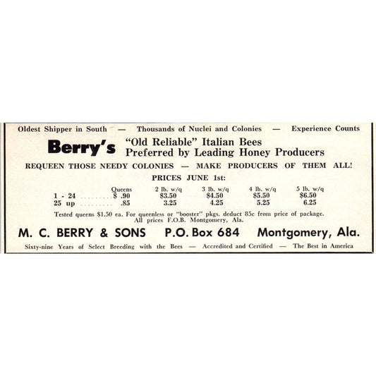 M.C. Berry & Sons Italian Bees Montgomery AL 1964 Magazine Ad AB6-LB