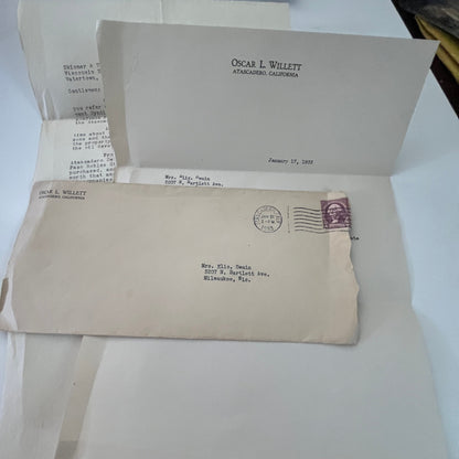1933 Oscar L. Willett Atascadero CA Attorney Letter and Envelope J17