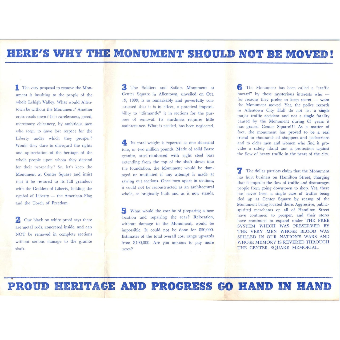 1962 Leaflet Vote No on Removal of Soldiers & Sailors Memorial Allentown PA AE5