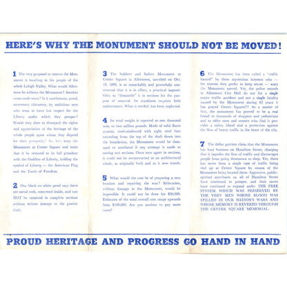 1962 Leaflet Vote No on Removal of Soldiers & Sailors Memorial Allentown PA AE5