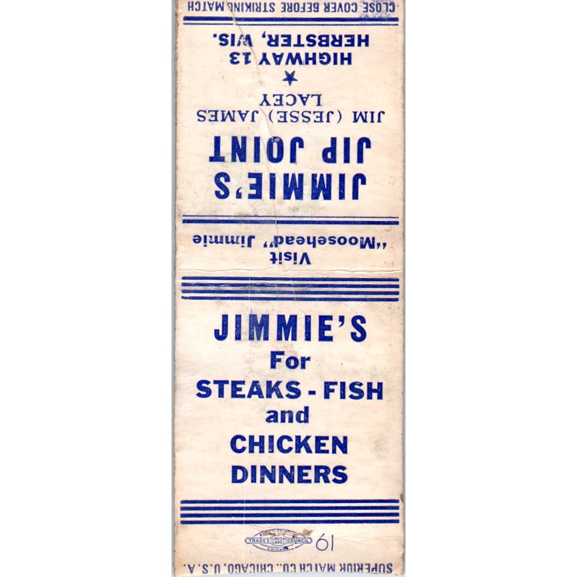 Jimmie's Jip Joint Jim Jesse James Lacey Webster WI Vintage Matchbook SD2-Y12