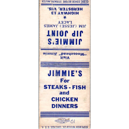 Jimmie's Jip Joint Jim Jesse James Lacey Webster WI Vintage Matchbook SD2-Y12