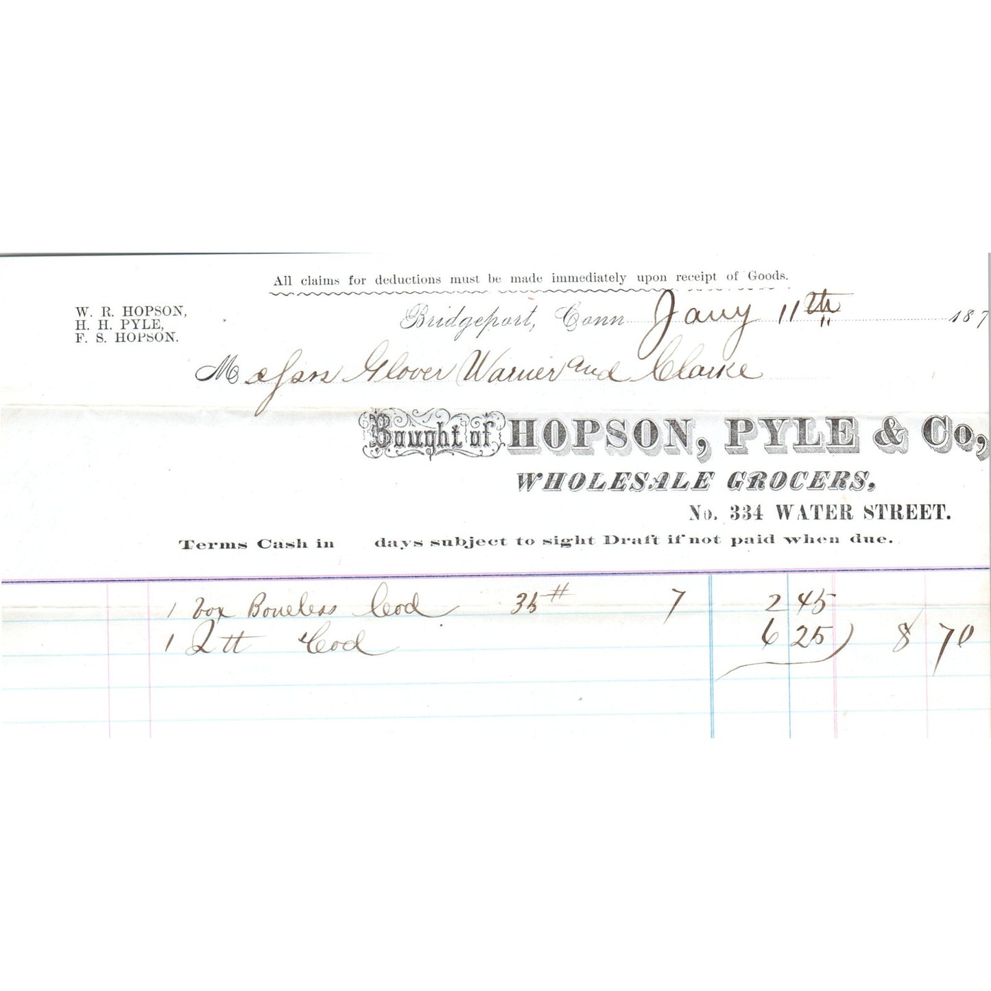 1878 Hopson, Pyle & Co Grocers Bridgeport CT Receipt Letterhead D24