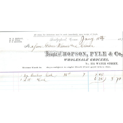 1878 Hopson, Pyle & Co Grocers Bridgeport CT Receipt Letterhead D24