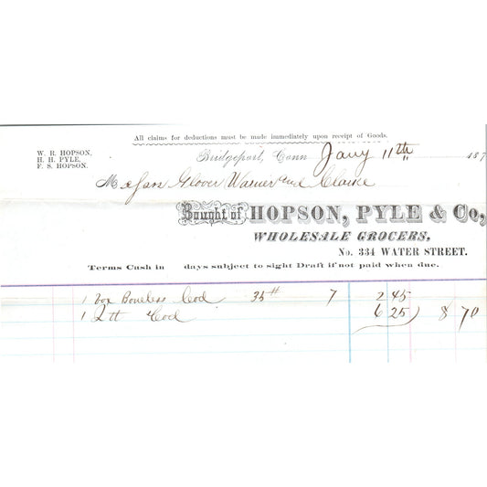 1878 Hopson, Pyle & Co Grocers Bridgeport CT Receipt Letterhead D24