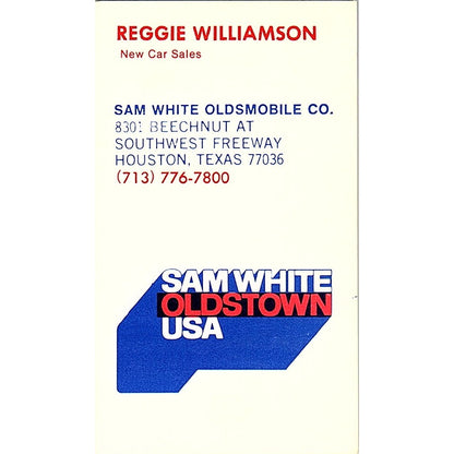 Sam White Oldsmobile Reggie Williamson Houston Vintage Business Card SD9-B6