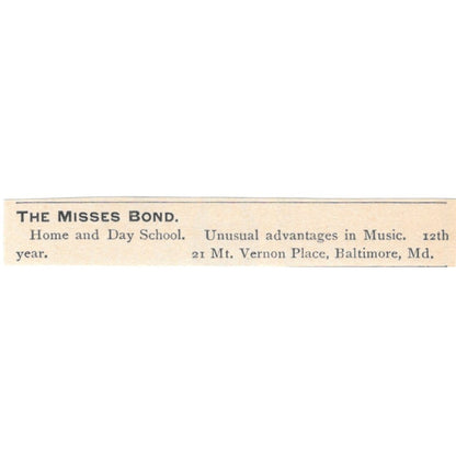 The Misses Bond Day School Mt. Vernon Place Baltimore MD 1892 Magazine Ad AB6-S5