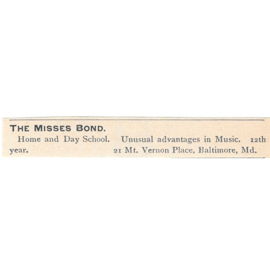 The Misses Bond Day School Mt. Vernon Place Baltimore MD 1892 Magazine Ad AK6-S5