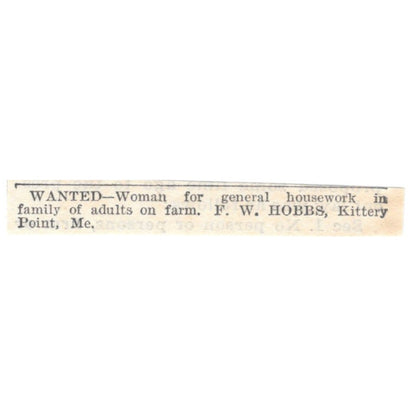 Wanted Woman for Housework F.W. Hobbs Kittery Point ME 1905 Magazine Ad AF1-NES2