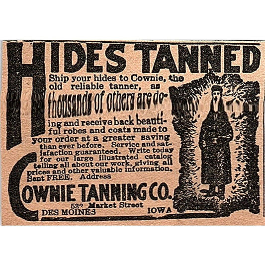 Hides Tanned - Cownie Tanning Co Des Moines Iowa 1920 Ad AG2-M6
