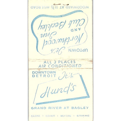 Hund's Northwood Inn Club Berkley Detroit MI Vintage Matchbook Cover SF3-Y4