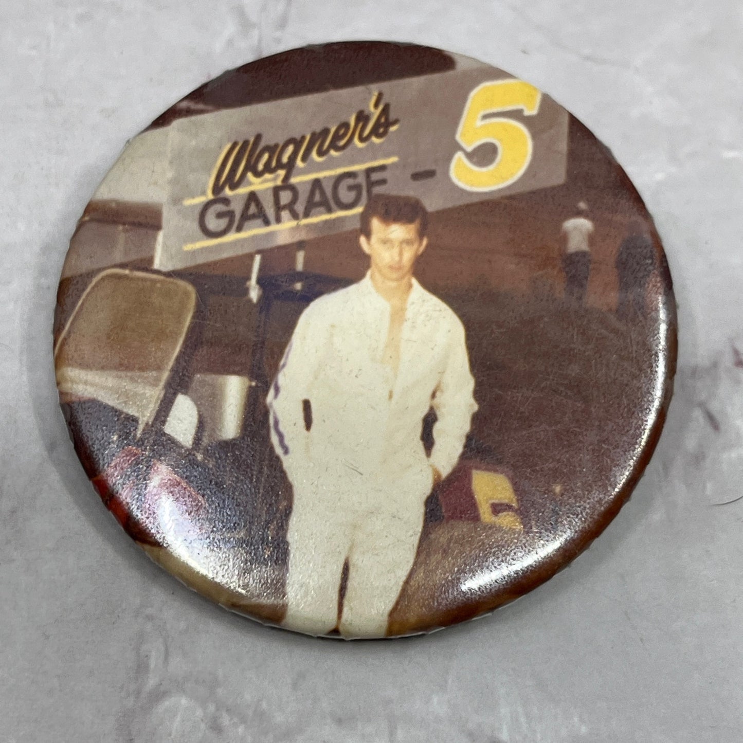 Vintage Racing Portrait Racecar #5 Wayne's Garage Vintage Pinback Button TC5-PB