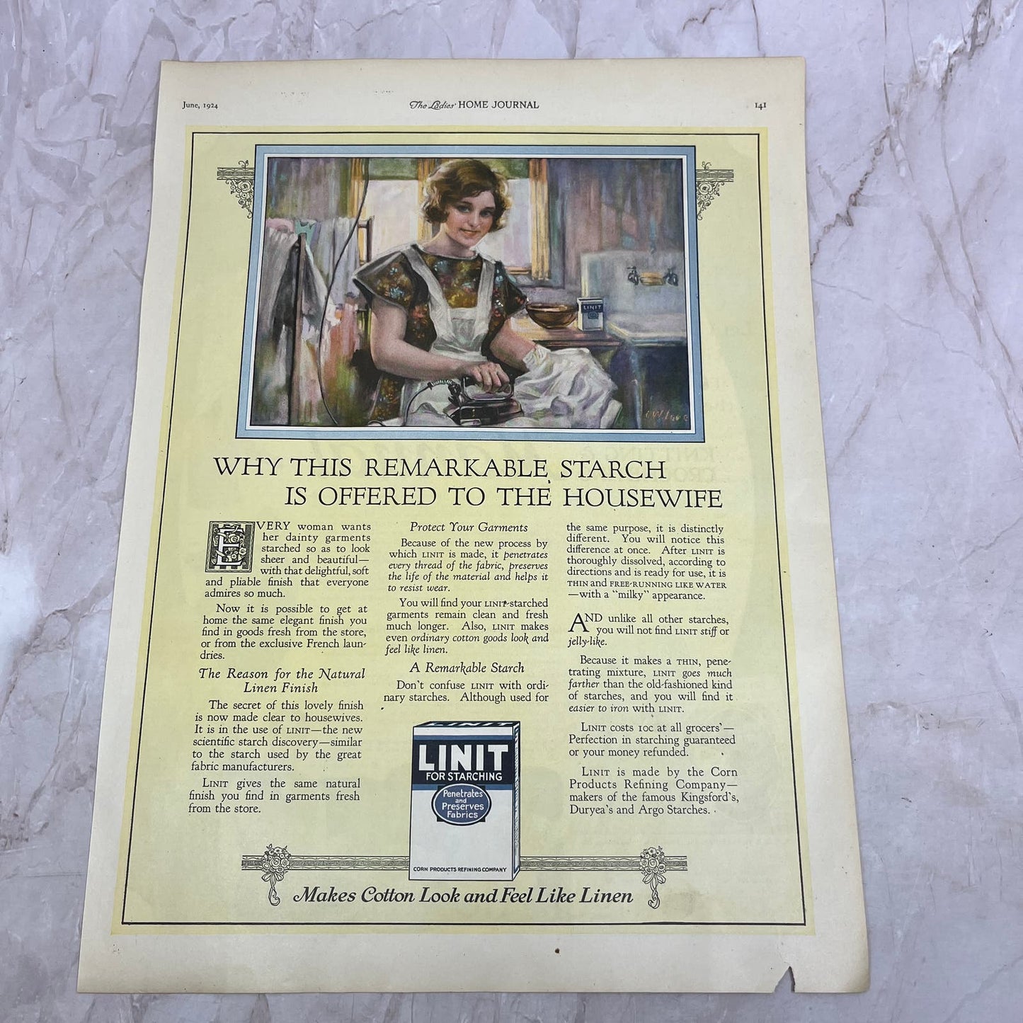 Linit for Starching Corn Products Refining Co. 1924 Magazine Ad FL6-11
