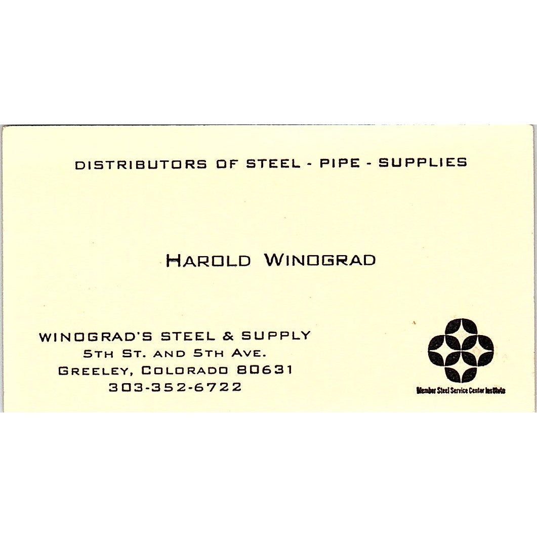 Harold Winograd Steel & Supply Greeley CO Vintage Business Card SD9-B9