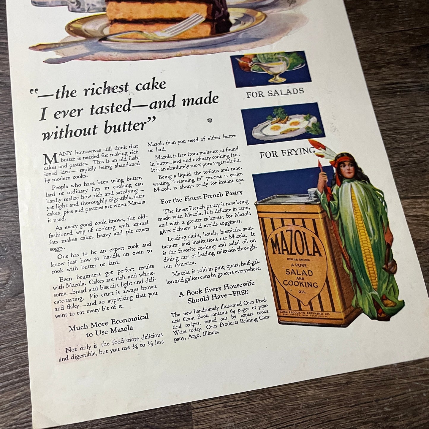 c1920 Mazola Salad & Cooking Oil Vintage Magazine Ad 10x14 V7