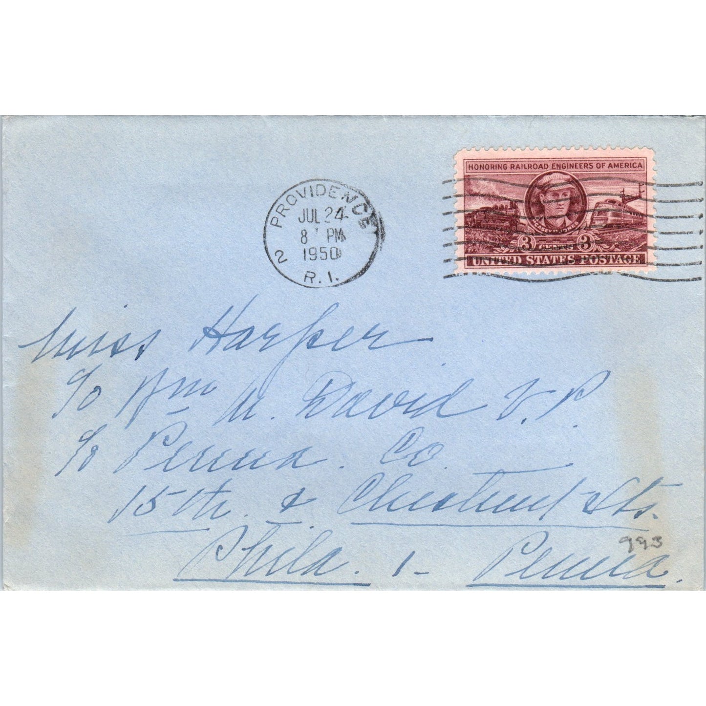 1950 Providence RI to Miss Harper Philadelphia Postal Cover Envelope TG7-PC2