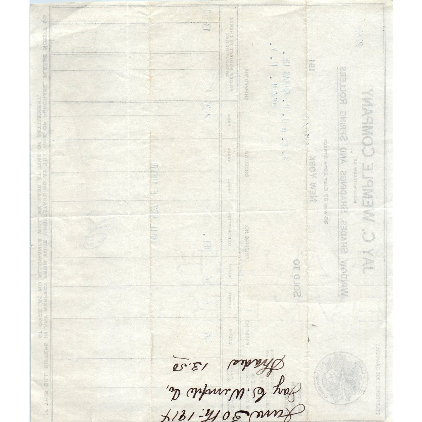 Jay C Wemple Co Window Shade NY 1910s Original Billhead Letterhead Receipt D8-LL