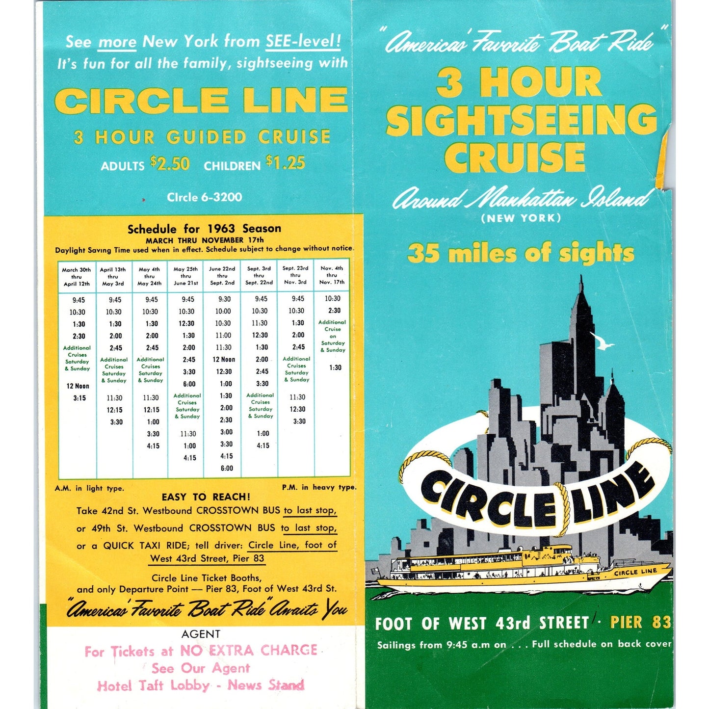 1963 Circle Line Sightseeing Cruise NY Pier 83 Travel Map & Brochure AF7-E10