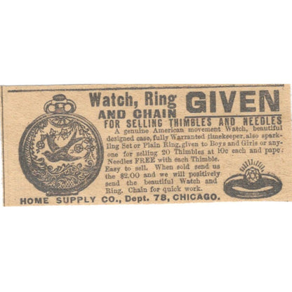 Home Supply Co Pocket Watch Giveaway Chicago 1910 Magazine Ad AF1-SS6
