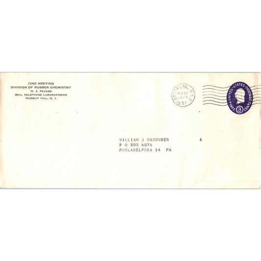 1957 72nd Meeting Rubber Chemistry H.J. Peters Murray Hill NJ Envelope TH9-L1