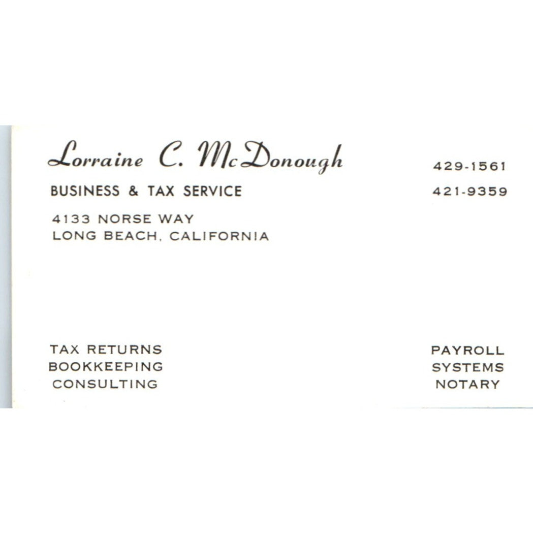 Lorraine C. McDonough Bookkeeping Long Beach Vintage Business Card SD8-B10