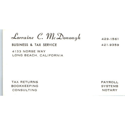 Lorraine C. McDonough Bookkeeping Long Beach Vintage Business Card SD8-B10