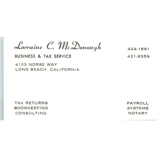 Lorraine C. McDonough Bookkeeping Long Beach Vintage Business Card SD8-B10