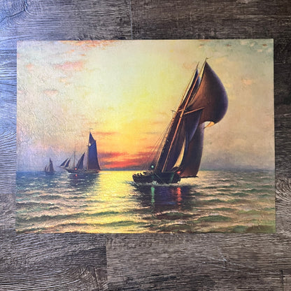 Sailboat Painting Print Seascape Sunset Nicodemus 12x16 Vintage Art Print V3