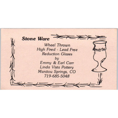 Stone Ware Emmy & Earl Carr Linda Vista Pottery Manitou Springs CO Card SD8-B19