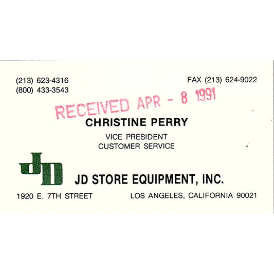 1991 Christine Perry JD Store Equipment Los Angeles Vintage Business Card SD9-B9