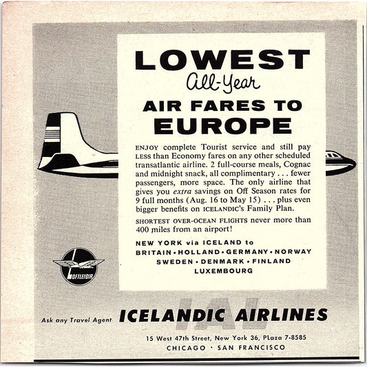 Icelandic Airlines Lowest Airfares to Europe 1960 Magazine Ad AG6-5