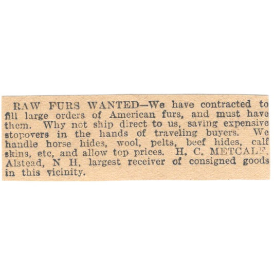 Raw Furs Wanted H.C. Metcalf Alstead NH 1905 Magazine Ad AF1-NES4