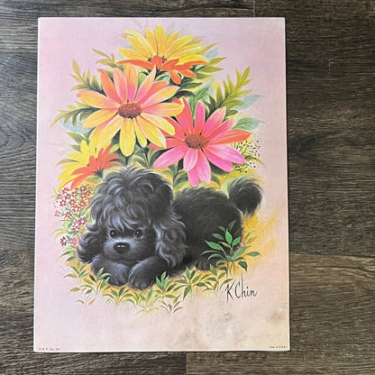 Retro Kitsch 1970s K. Chin Black Puppy Poodle Flowers Art Print 9x12 V4