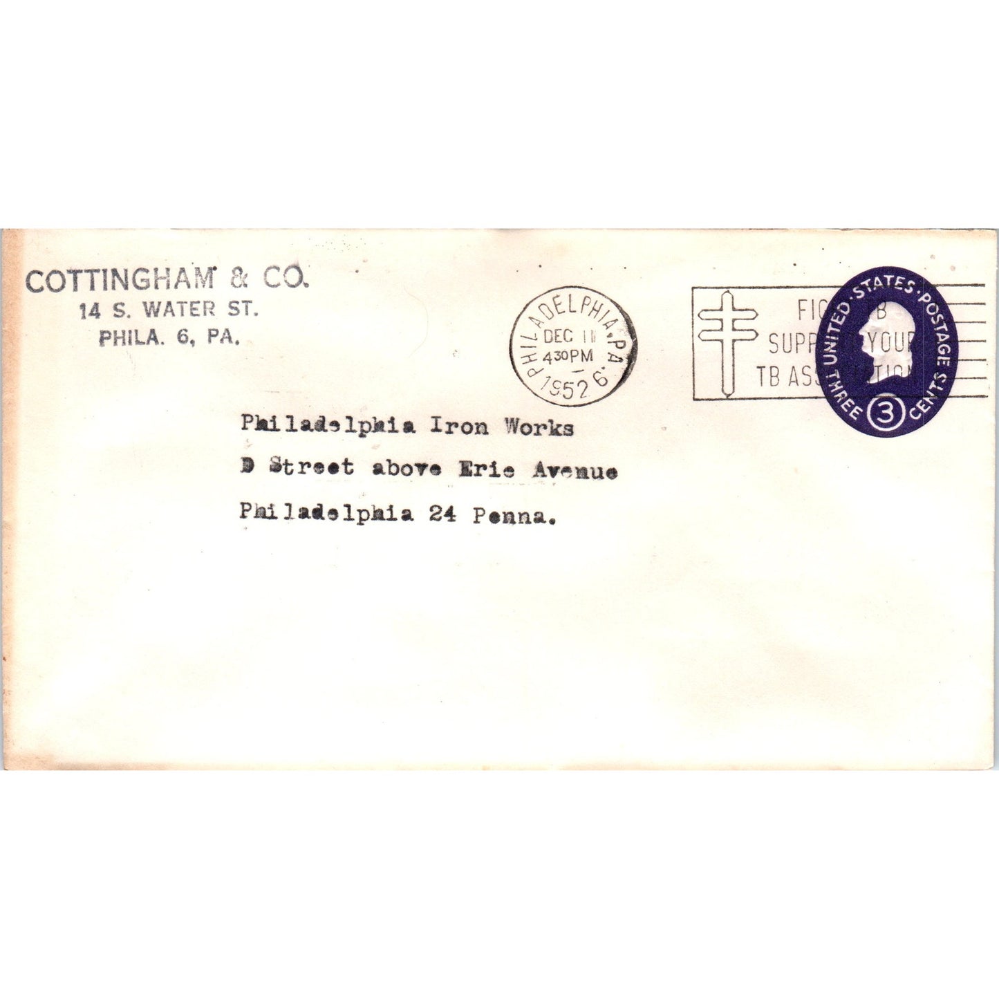1952 Cottingham & Co to Philadelphia Iron Works PA Postal Cover Envelope TG7-PC3