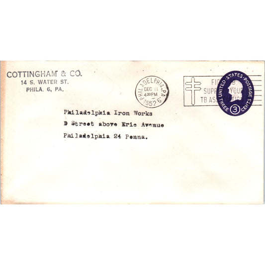1952 Cottingham & Co to Philadelphia Iron Works PA Postal Cover Envelope TG7-PC3