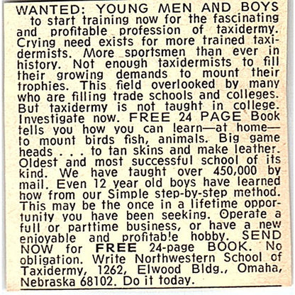 Northwestern School of Taxidermy Omaha NE 1977 Ad AF6-M3