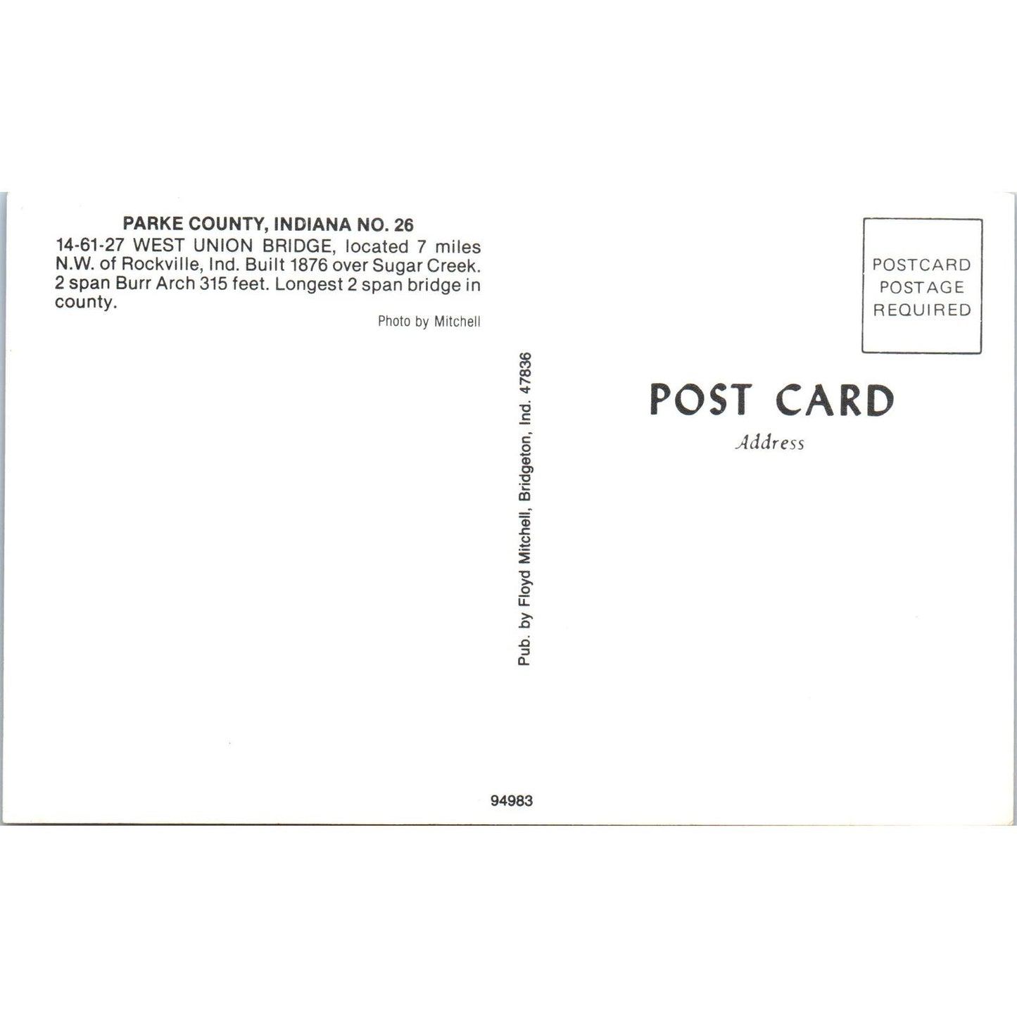 West Union Bridge Parke County 26 Rockville IN Covered Bridge Postcard PC15