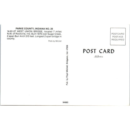 West Union Bridge Parke County 26 Rockville IN Covered Bridge Postcard PC15