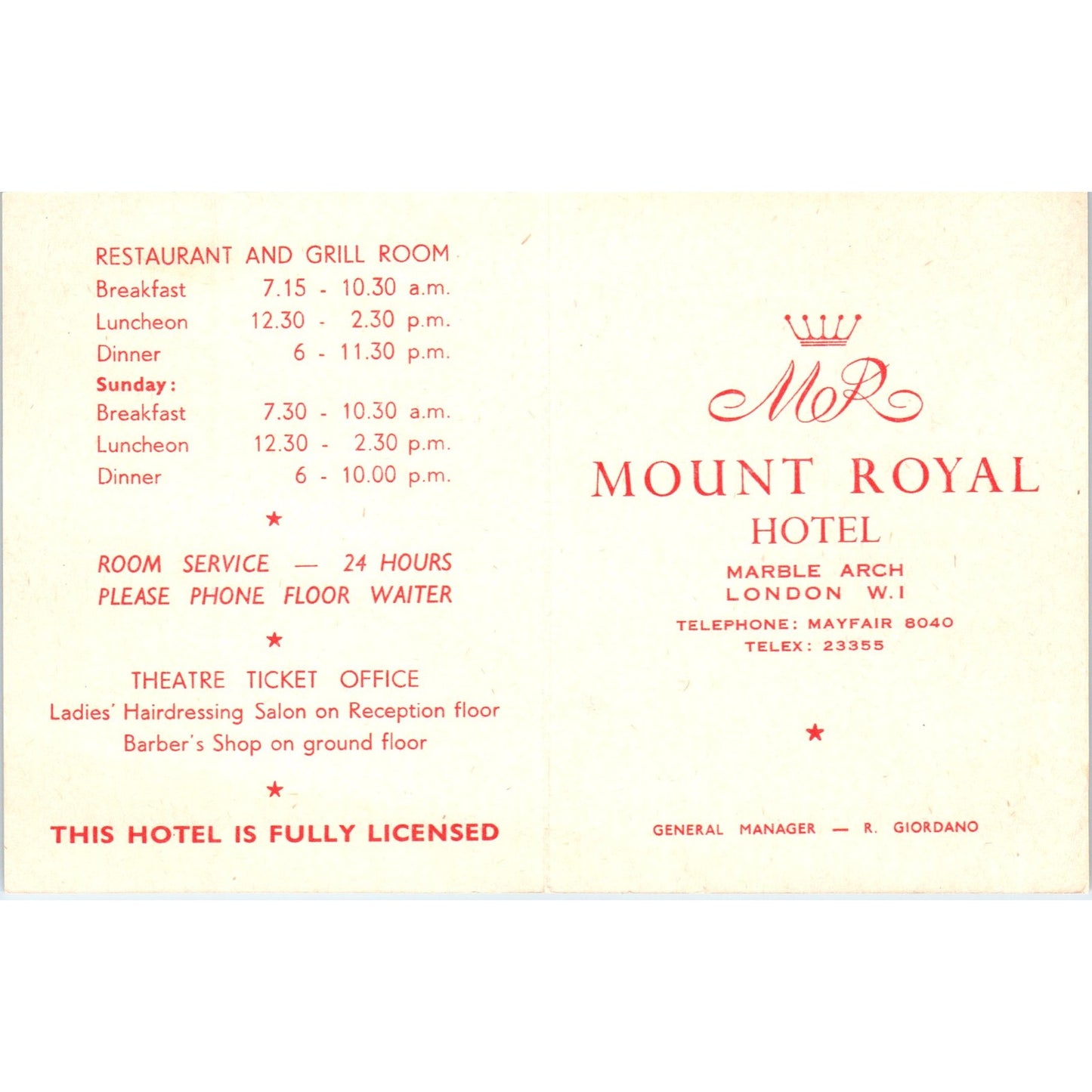 1960s The Mount Royal Hotel Marble Arch London Guest Reservation Card AF7-E10