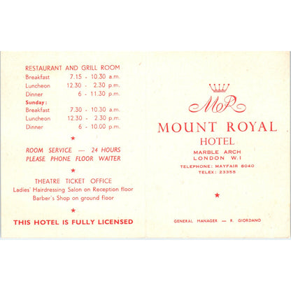 1960s The Mount Royal Hotel Marble Arch London Guest Reservation Card AF7-E10