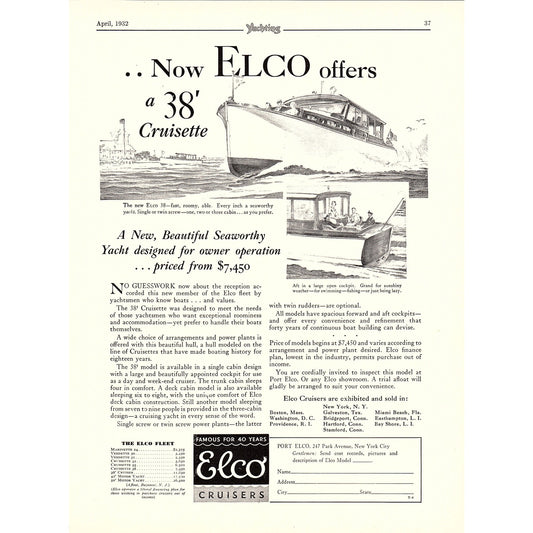 Elco 38' Cruisette Yacht Port Elco Park Avenue NYC 1932 Ad V1-4